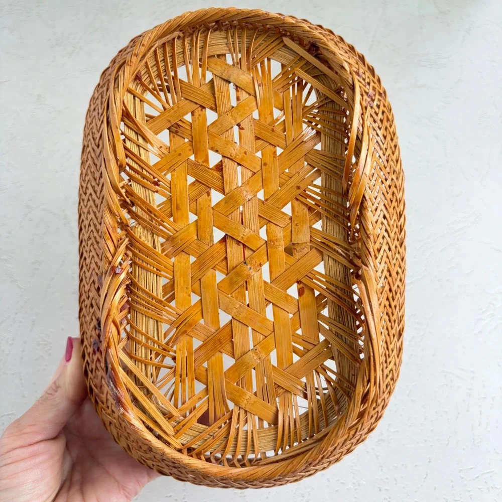 Vintage Woven Bamboo Basket Oval Lattice Boho Decor